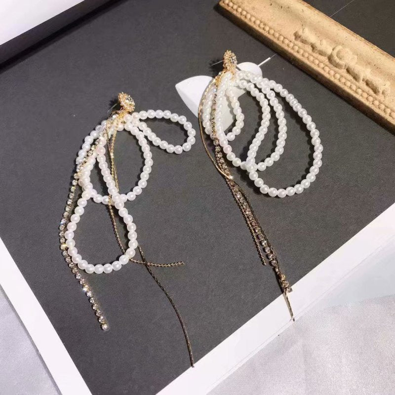 Super Fairy Lady Temperament Long Pearl Diamond Tassel Earrings-Jewearrings