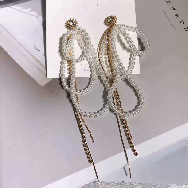 Super Fairy Lady Temperament Long Pearl Diamond Tassel Earrings-Jewearrings