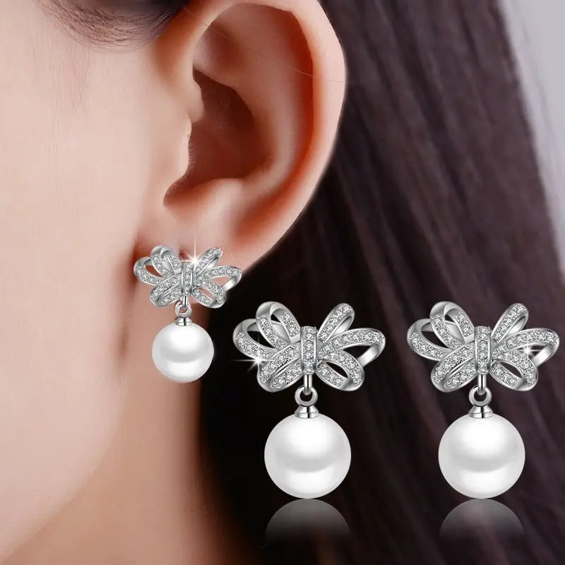 Super Glitter Pearl Bow Earrings-Jewearrings