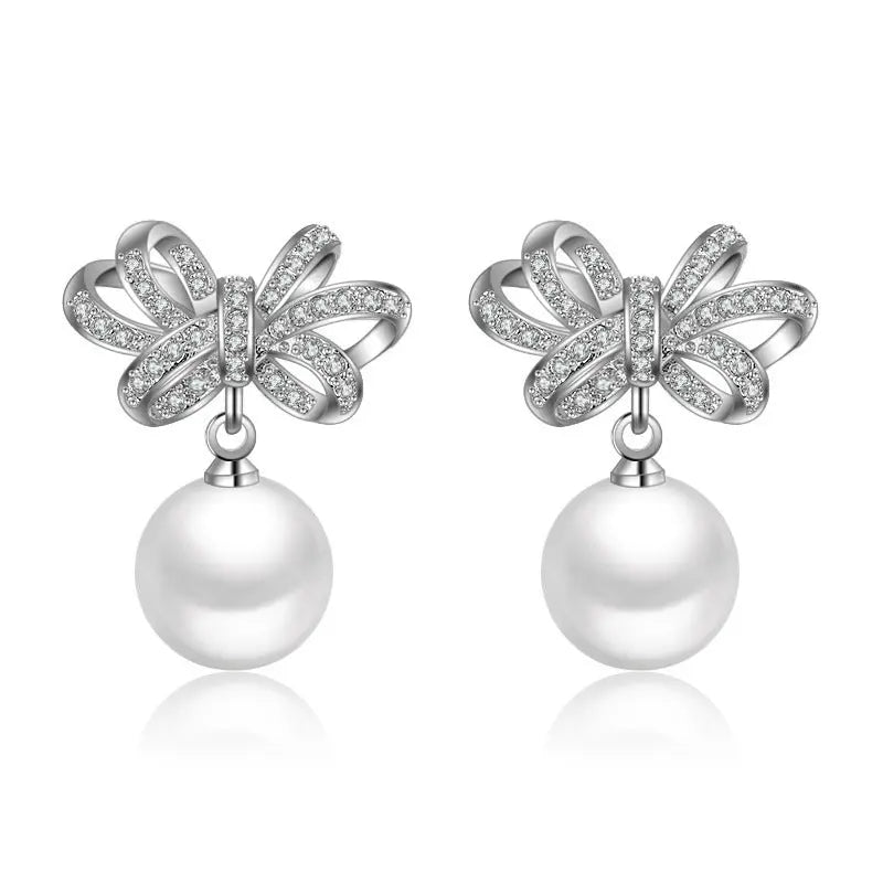 Super Glitter Pearl Bow Earrings-Jewearrings