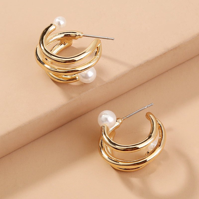 Superimposed Circle Baroque Pearl C-shaped Earrings Metal Ladies Earrings-Jewearrings