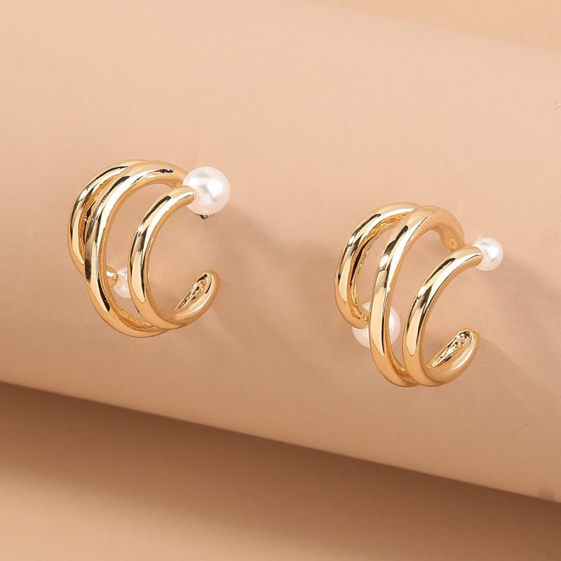 Superimposed Circle Baroque Pearl C-shaped Earrings Metal Ladies Earrings-Jewearrings