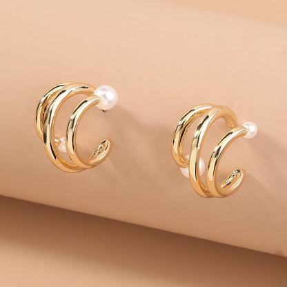 Superimposed Circle Baroque Pearl C-shaped Earrings Metal Ladies Earrings-Jewearrings