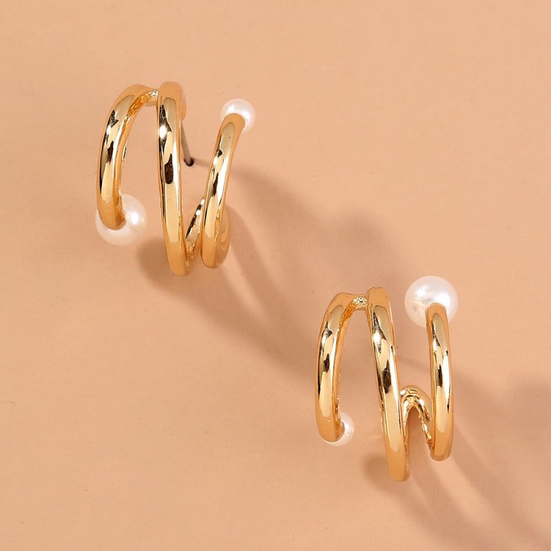 Superimposed Circle Baroque Pearl C-shaped Earrings Metal Ladies Earrings-Jewearrings