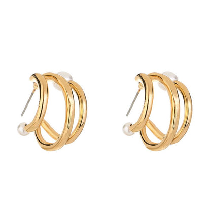 Superimposed Circle Baroque Pearl C-shaped Earrings Metal Ladies Earrings-Jewearrings