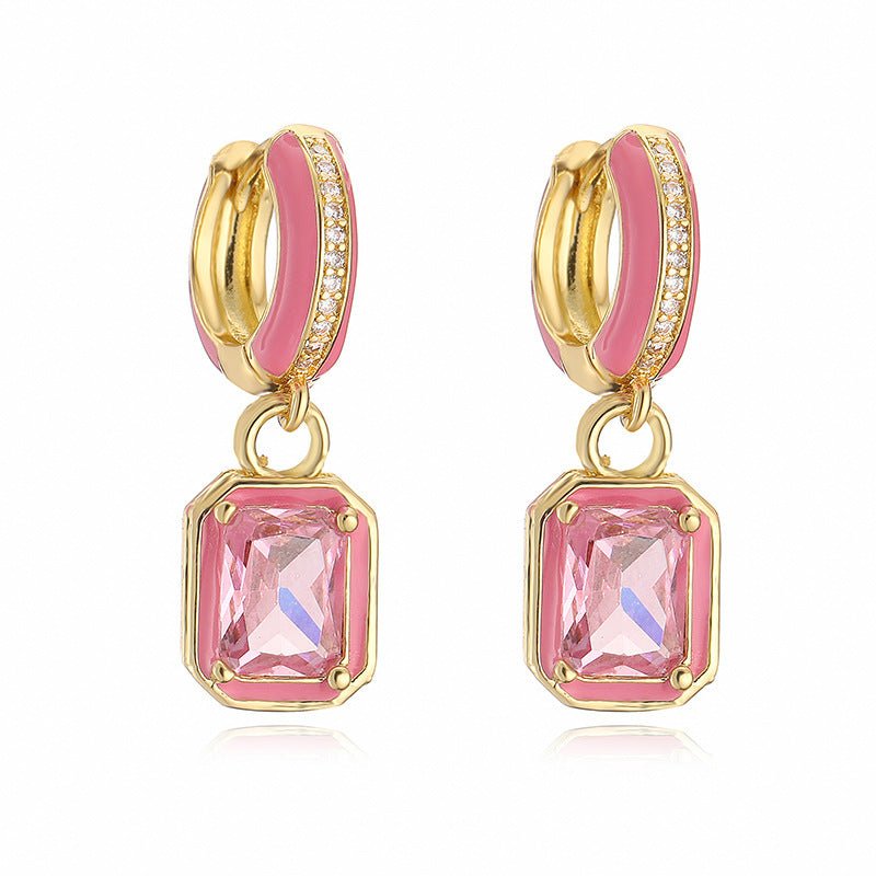 Sweet Colorful Drop Oil Copper Inlaid Color Diamond Cube Sugar Earrings-Jewearrings