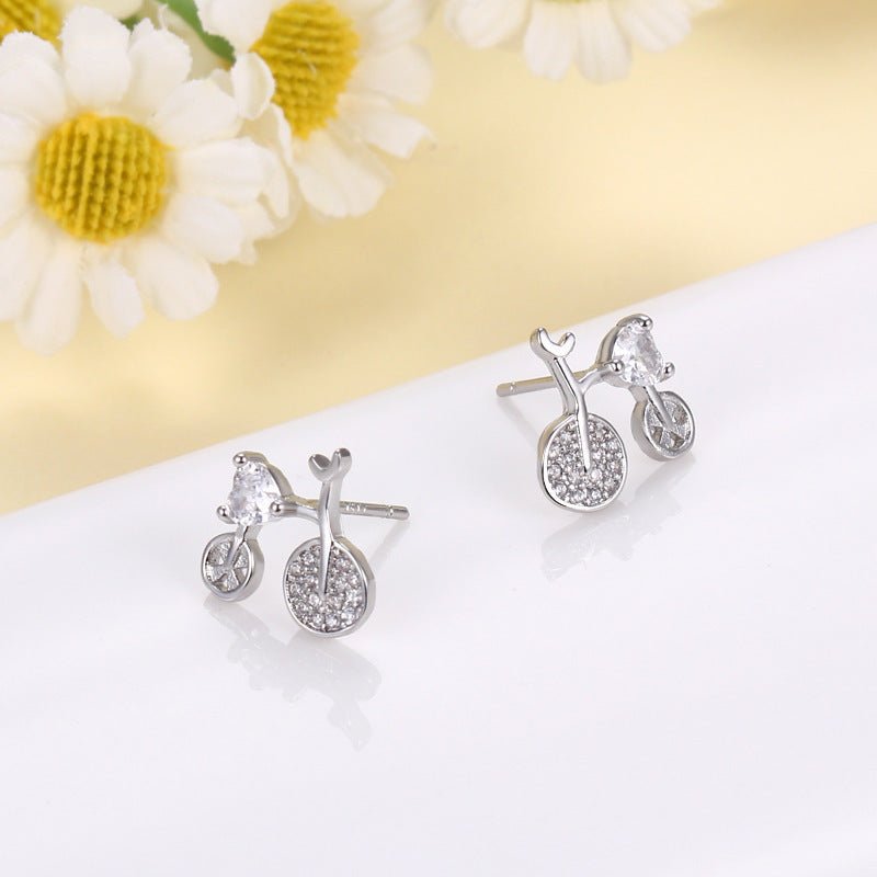 Sweet Diamond Bicycle Silver Stud Earrings-Jewearrings