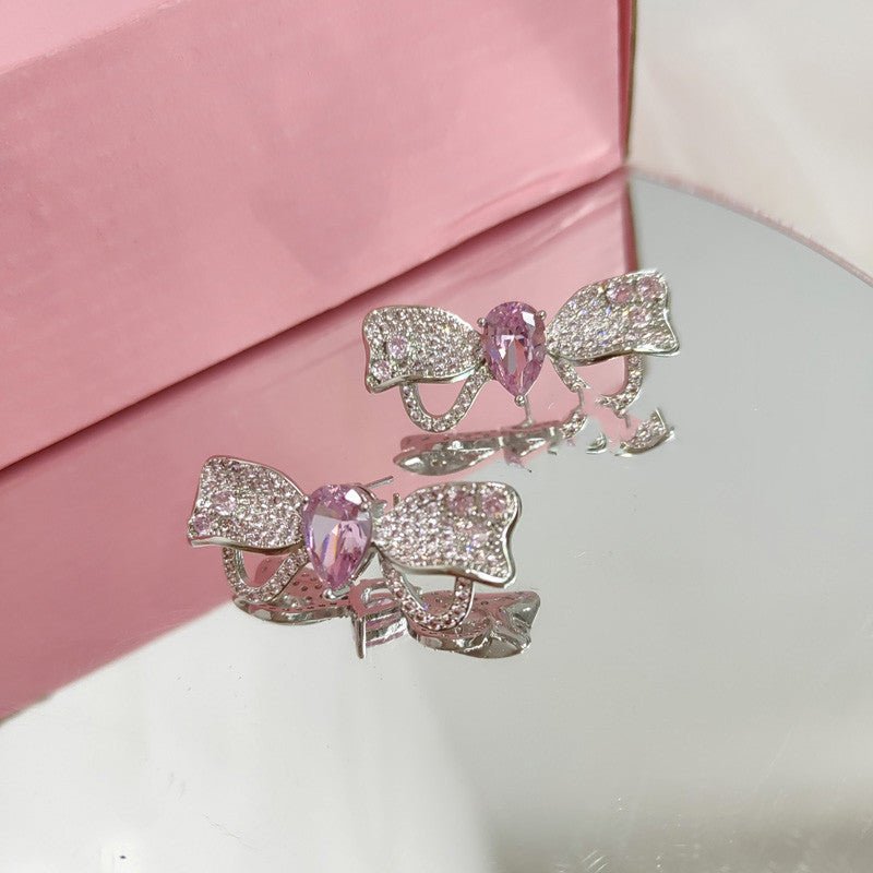 Sweet Diamond Princess Bow Girl All Match Exquisite Earrings-Jewearrings