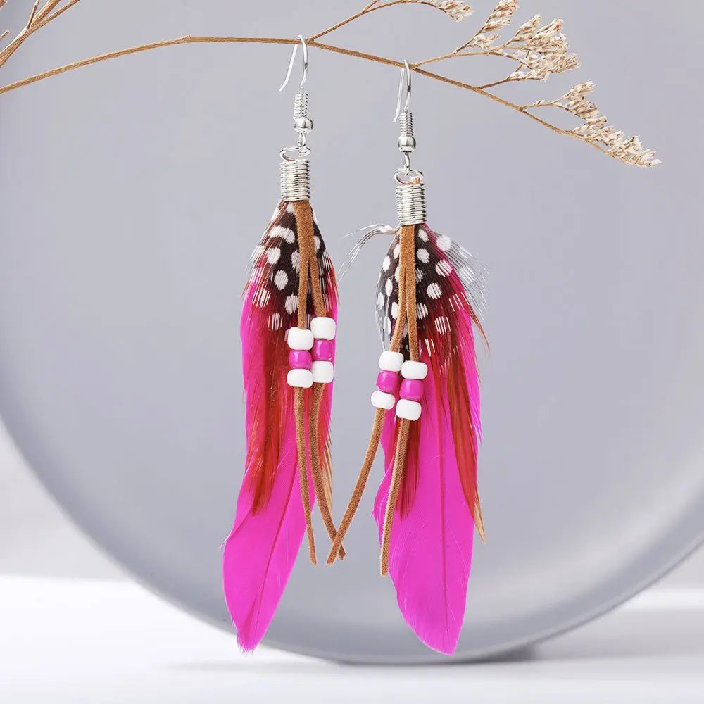 Tassel Rice Bead Feather Earrings - European & American Style-Jewearrings