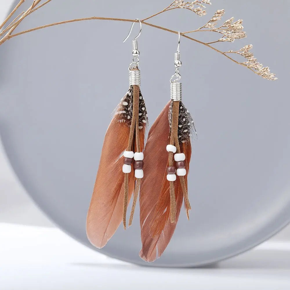 Tassel Rice Bead Feather Earrings - European & American Style-Jewearrings