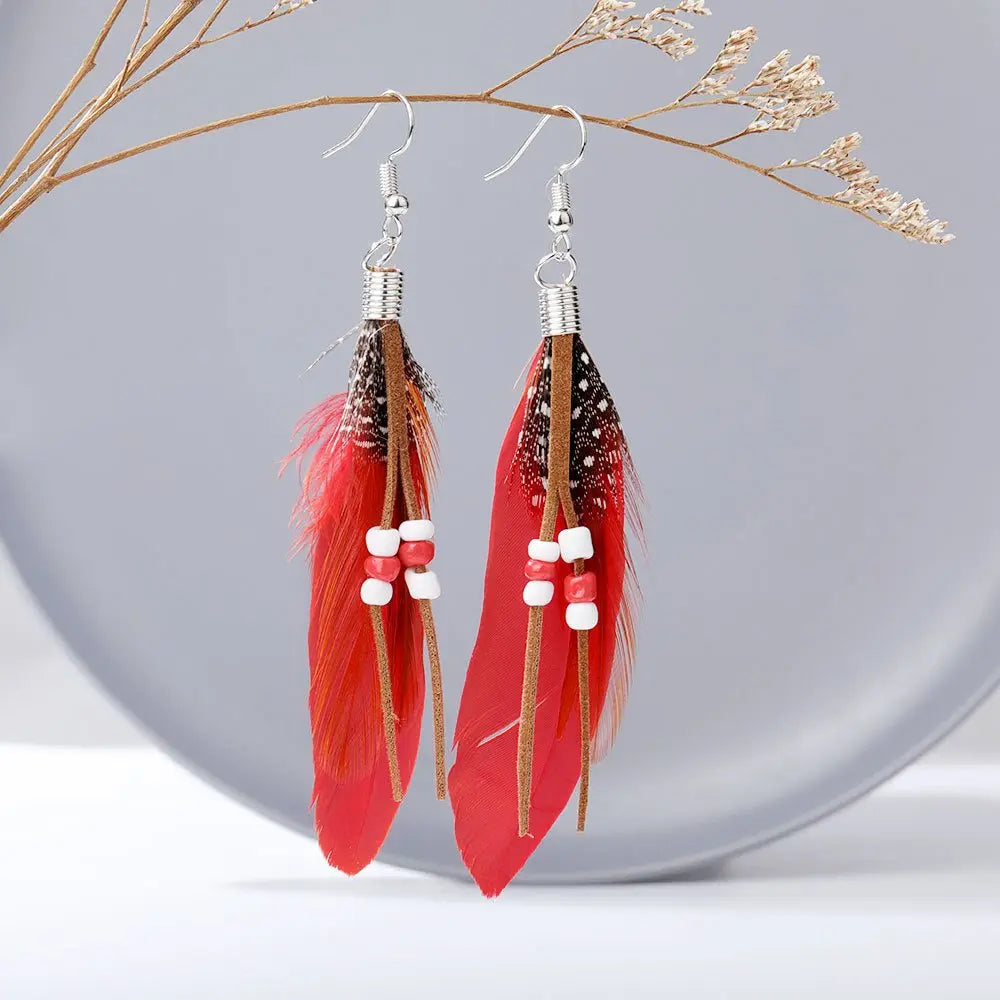 Tassel Rice Bead Feather Earrings - European & American Style-Jewearrings