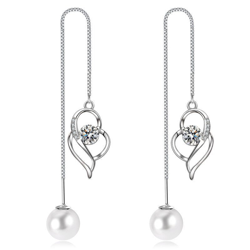 Temperament Long Imitated Silver Heart-Shaped Earrings Korean Jewelry-Jewearrings