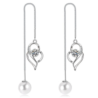 Temperament Long Imitated Silver Heart-Shaped Earrings Korean Jewelry-Jewearrings