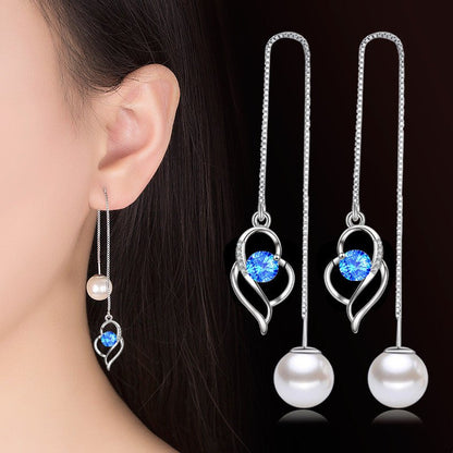 Temperament Long Imitated Silver Heart-Shaped Earrings Korean Jewelry-Jewearrings