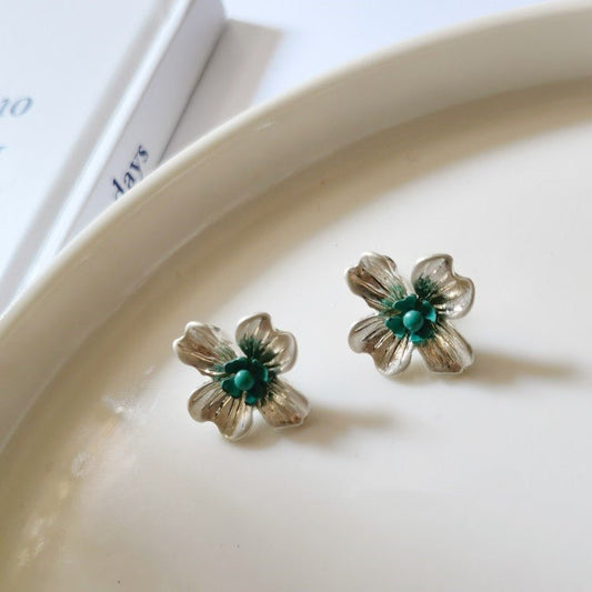 Temperament Small Flowers Sweet Retro Blue Green Stud Earrings-Jewearrings