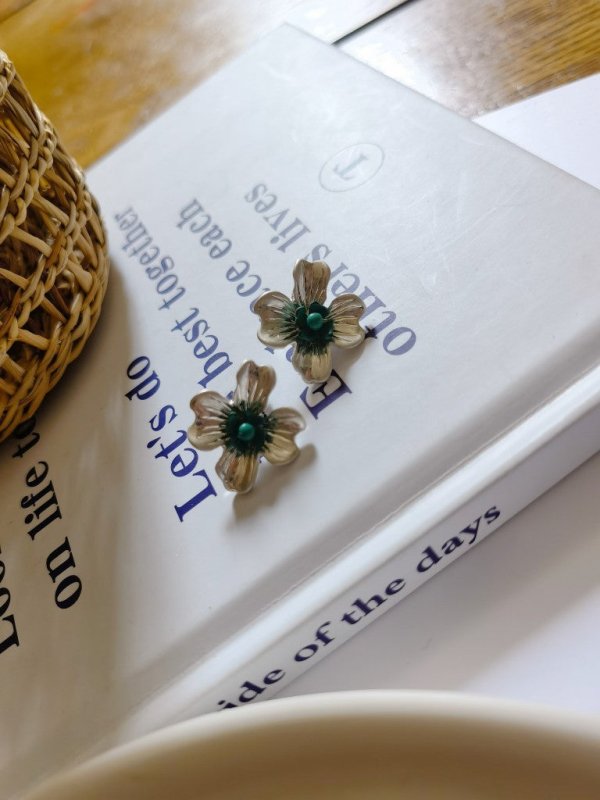 Temperament Small Flowers Sweet Retro Blue Green Stud Earrings-Jewearrings