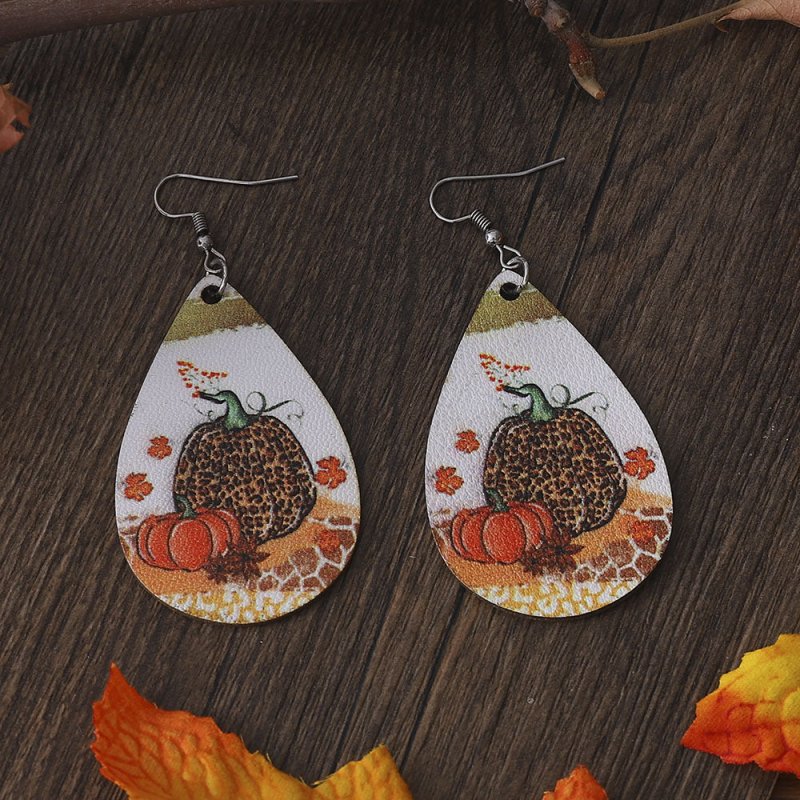 Thanksgiving Leopard Pumpkin Maple Leaf Double-sided Water Drop PU Leather Earrings-Jewearrings