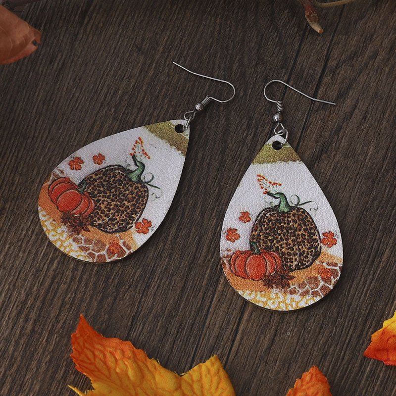 Thanksgiving Leopard Pumpkin Maple Leaf Double-sided Water Drop PU Leather Earrings-Jewearrings