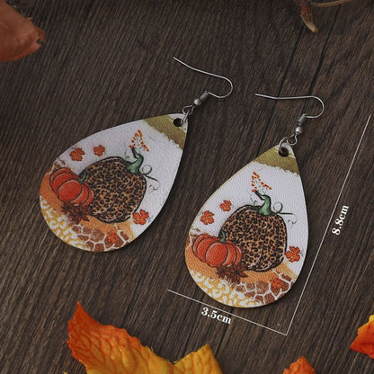 Thanksgiving Leopard Pumpkin Maple Leaf Double-sided Water Drop PU Leather Earrings-Jewearrings