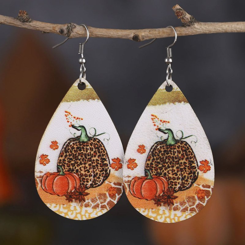 Thanksgiving Leopard Pumpkin Maple Leaf Double-sided Water Drop PU Leather Earrings-Jewearrings