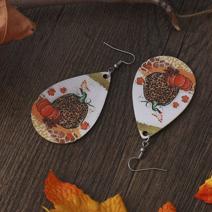 Thanksgiving Leopard Pumpkin Maple Leaf Double-sided Water Drop PU Leather Earrings-Jewearrings