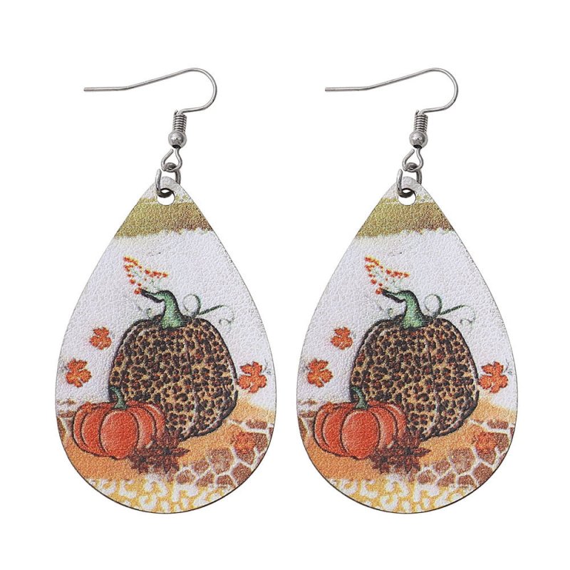 Thanksgiving Leopard Pumpkin Maple Leaf Double-sided Water Drop PU Leather Earrings-Jewearrings