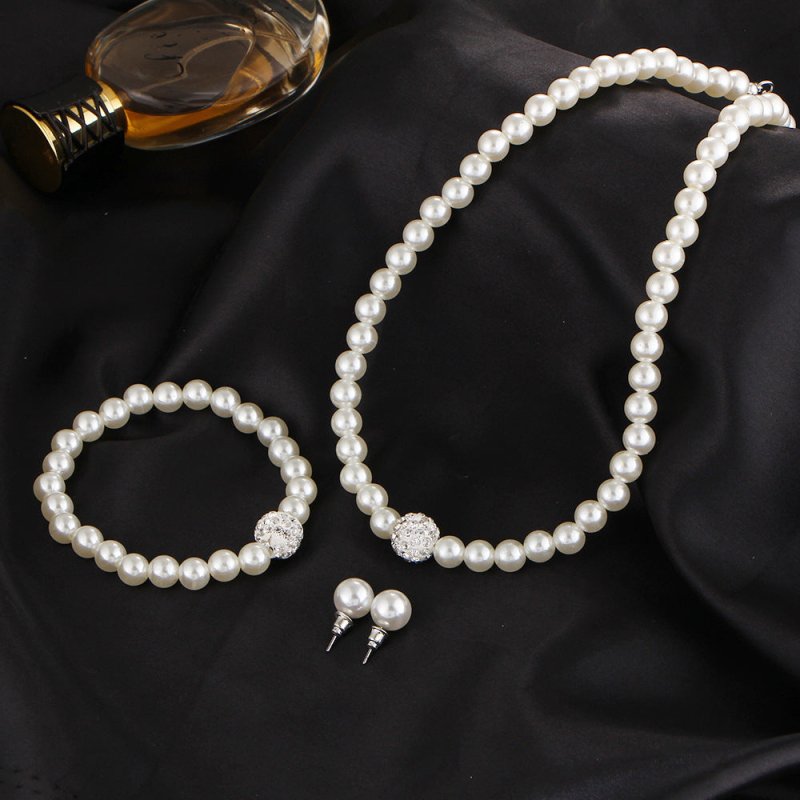 The new bride sweater chain necklace jewelry suite all-match diamond pearl necklace earrings bracelet set-Jewearrings