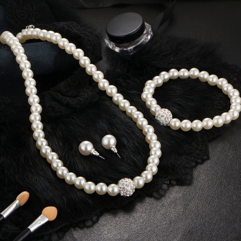 The new bride sweater chain necklace jewelry suite all-match diamond pearl necklace earrings bracelet set-Jewearrings