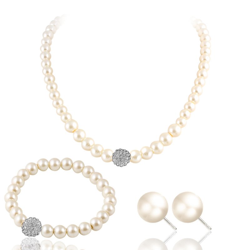 The new bride sweater chain necklace jewelry suite all-match diamond pearl necklace earrings bracelet set-Jewearrings