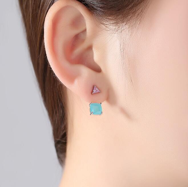 The new design fashion square triangle blue glass drop earrings copper cubic zirconium for women girls evening of tourism-Jewearrings