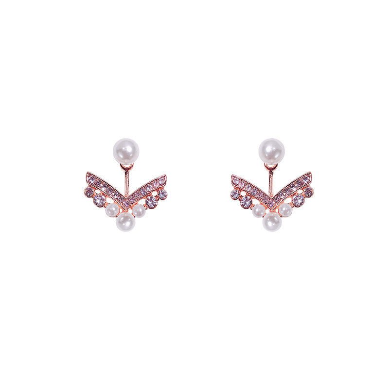 The New Korean Version Of The Rear Hanging V-shaped Diamond Pearl Earrings Female Net Red Simple Fashion Girl Heart Temperament Earrings-Jewearrings