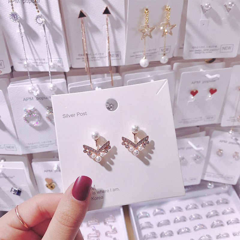 The New Korean Version Of The Rear Hanging V-shaped Diamond Pearl Earrings Female Net Red Simple Fashion Girl Heart Temperament Earrings-Jewearrings