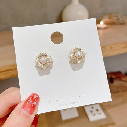 Three-Dimensional Micro-Inlaid Camellia Oil Dripping Shell Earrings-Jewearrings