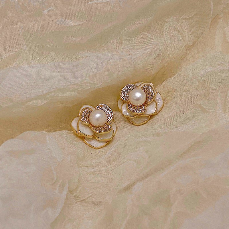 Three-Dimensional Micro-Inlaid Camellia Oil Dripping Shell Earrings-Jewearrings