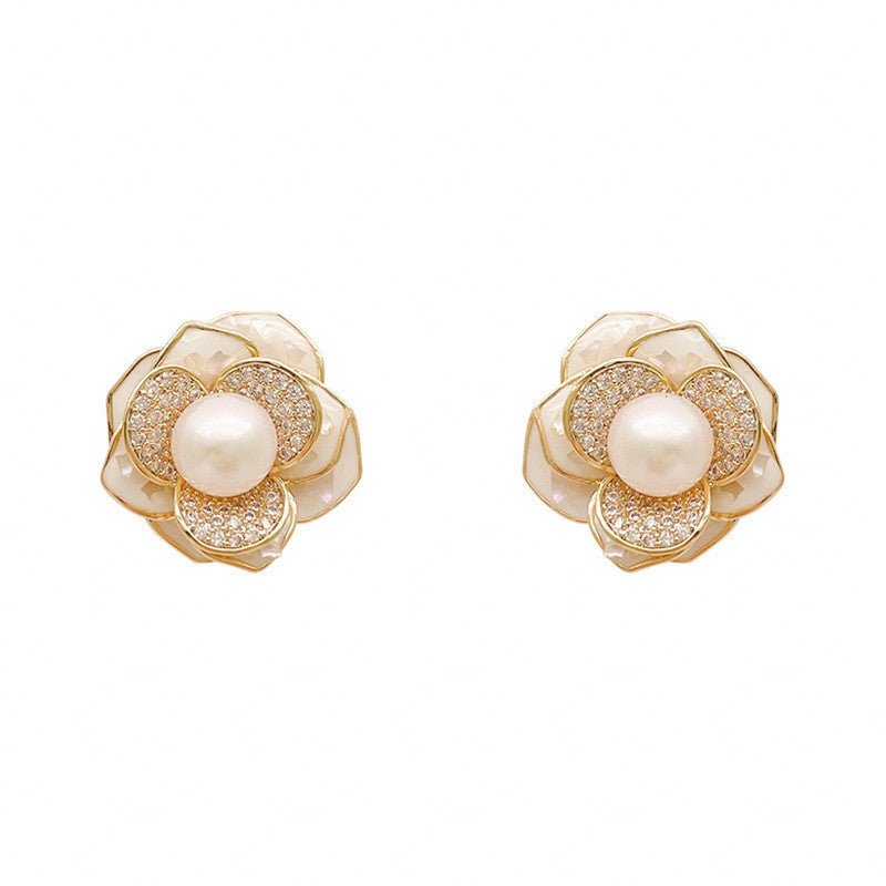 Three-Dimensional Micro-Inlaid Camellia Oil Dripping Shell Earrings-Jewearrings