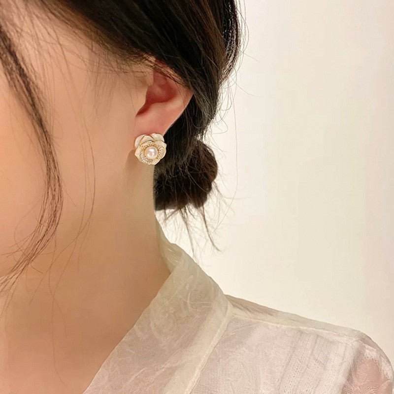 Three-Dimensional Micro-Inlaid Camellia Oil Dripping Shell Earrings-Jewearrings