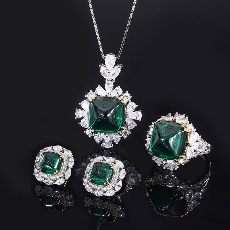 Three-Piece Set Of Emerald Sugar Tower Full Diamond Pendant Ring Stud Earrings-Jewearrings