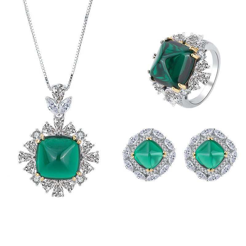 Three-Piece Set Of Emerald Sugar Tower Full Diamond Pendant Ring Stud Earrings-Jewearrings