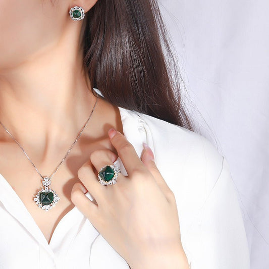 Three-Piece Set Of Emerald Sugar Tower Full Diamond Pendant Ring Stud Earrings-Jewearrings