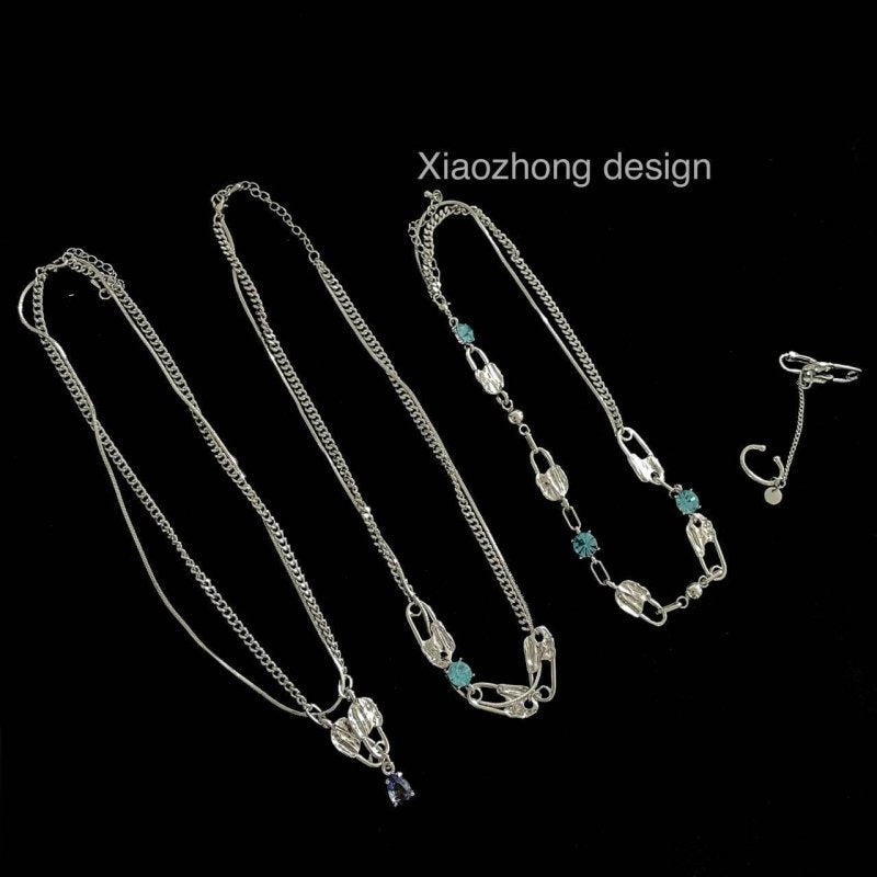 Three Pin Mist Blue Crystal Necklace Earrings-Jewearrings