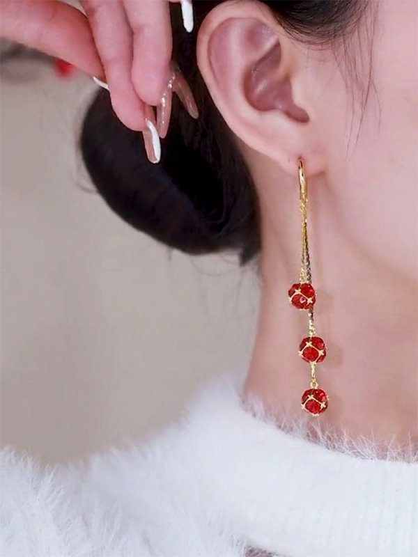 Three Three Red Diamond Ball Earrings Girl-Jewearrings