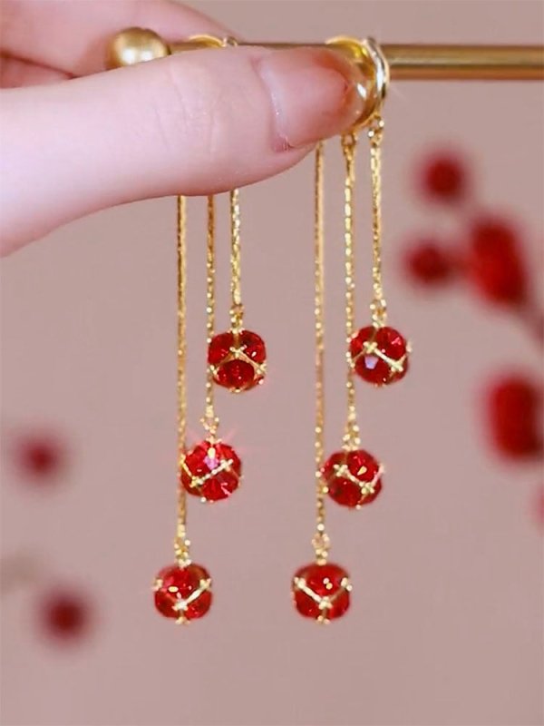 Three Three Red Diamond Ball Earrings Girl-Jewearrings