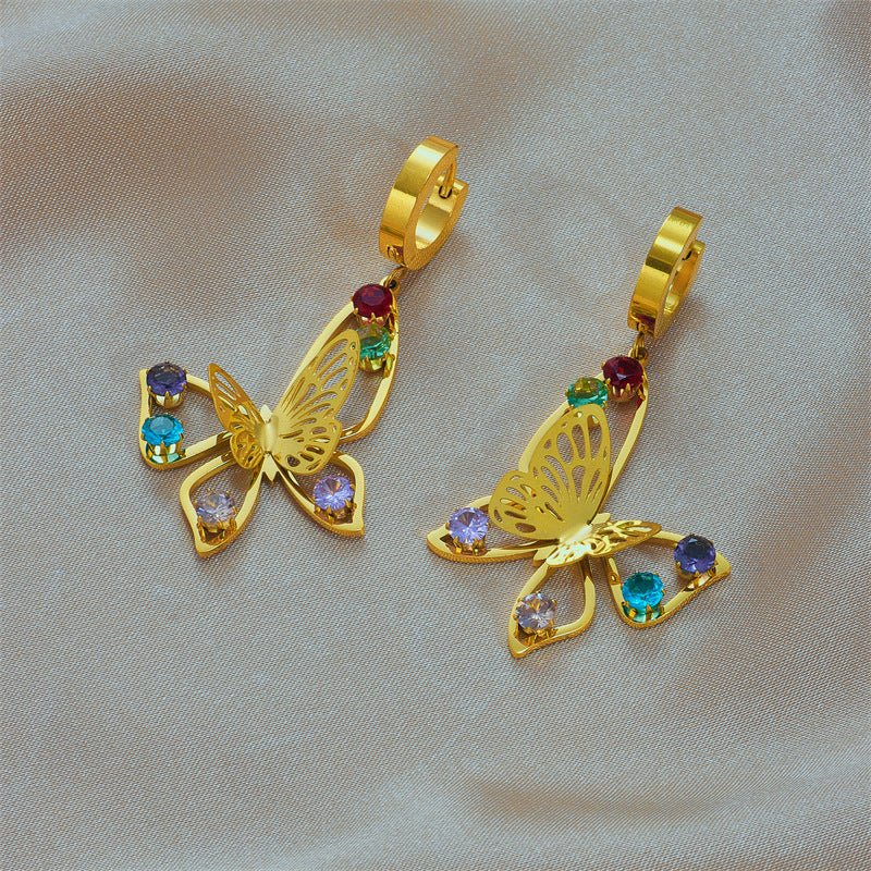 Titanium Earrings Hollow Jeweled Butterfly Earrings-Jewearrings