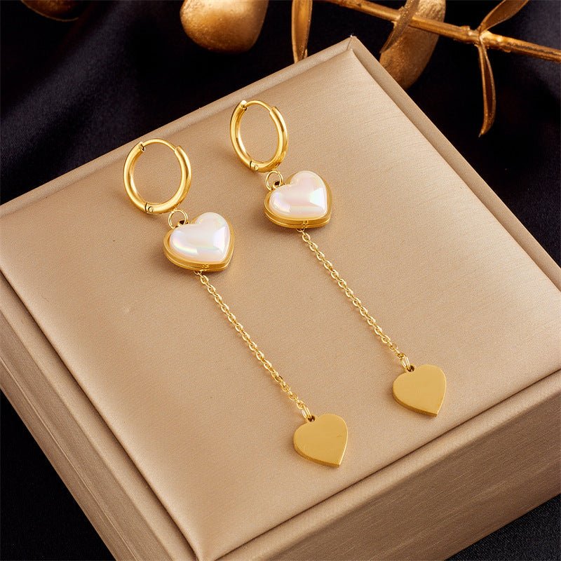 Titanium Earrings Pearl Heart Pendant Earrings-Jewearrings