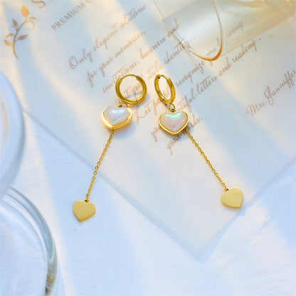 Titanium Earrings Pearl Heart Pendant Earrings-Jewearrings