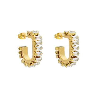 Titanium Earrings U-Shaped Zircon Full Diamond-Jewearrings