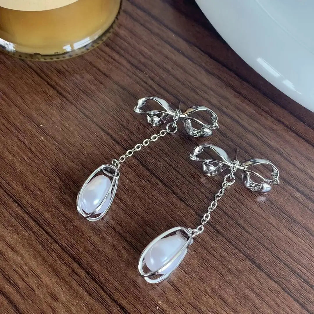 Trendy Light Luxury Pearl Bow Earrings-Jewearrings