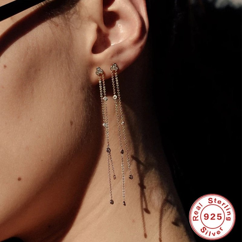 Triangle Studded Diamond Spacing Tassels Appear Slim And Long Chain Earrings-Jewearrings