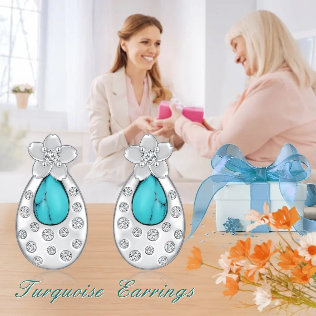 Turquoise Cherry Blossom Earrings-Jewearrings