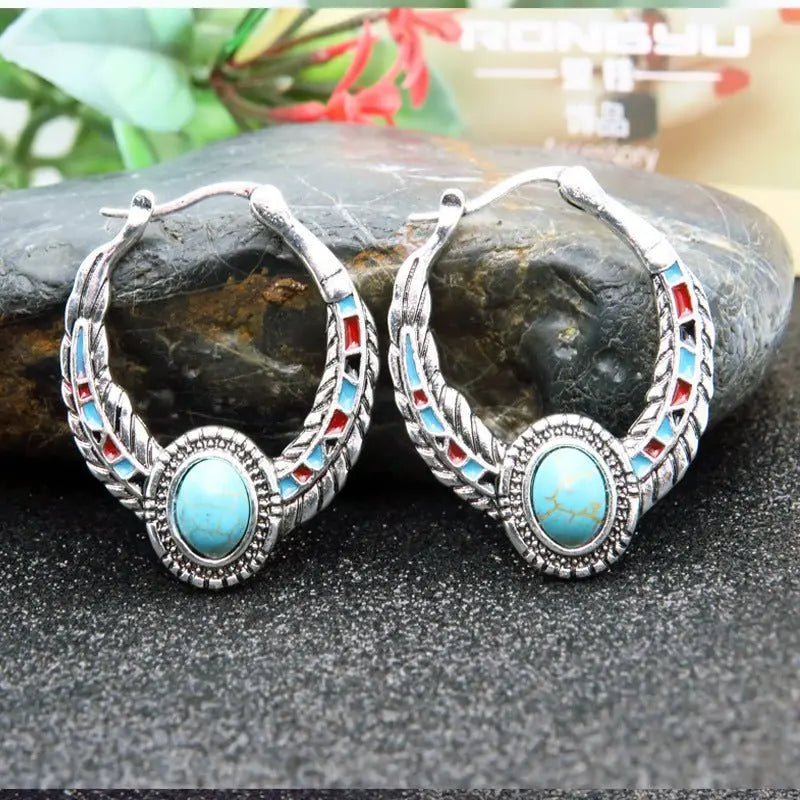 Turquoise Eagle Feather Earrings-Jewearrings